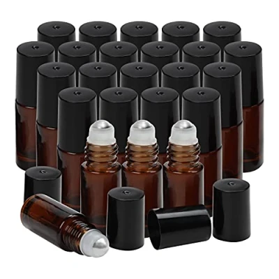Afbeelding van Belle Vous Amberkleurige Glazen Roller Flesjes (24 Stuks) 5ml Navulbare Rollerflessen met Roestvrijstalen Balletjes Voor Etherische Olie, Aromatherapie, Parfum, Geuren, Lippenbalsem/Olie &amp; Cosmetica