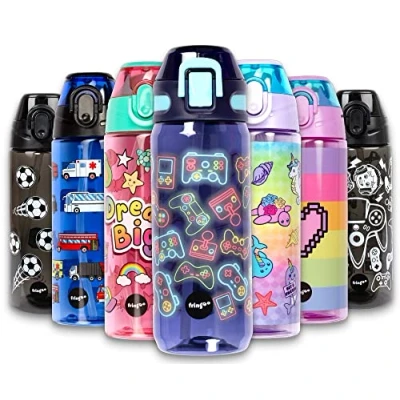Afbeelding van fringoo kinderdrinkfles, 600 ml, hoge kwaliteit, fles met rietje, 100% BPA vrij, voor school of sport, jongens en meisjes, de basisschool, schoolbenodigdheden
