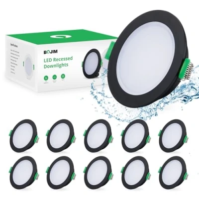 Afbeelding van Bojim Led inbouwspot, zwart, badkamer, IP65, 10 x 5,5 W, extra vlak, 30 mm, plafondspot 220 V, 4000 K, neutraal wit, 400 lm, 80 Ra, voor keuken, slaapkamer, woonkamer, inbouwverlichting, gat 68 mm