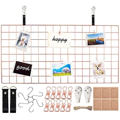 Afbeelding van Wuzilin Huidig wandrooster, doe het zelf mesh paneel als decoratieve fotowand, prikbord of memo, voor ophangen van familiefoto&#039;s in de keuken, op kantoor en meer, 40 x 80 cm, rood goud