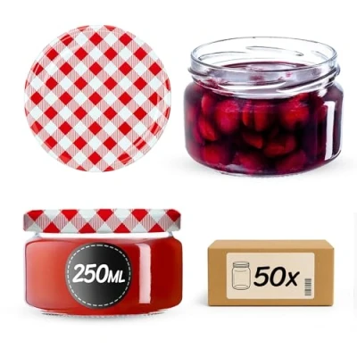 Afbeelding van KADAX 50 kleine jampotten met deksel, 250 ml, jamglas, luchtdicht afsluitbaar, geschenkglazen voor honing, specerijen (rood geruit)
