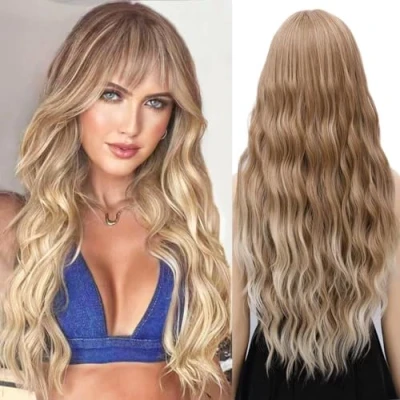 Afbeelding van YEESHEDO Dames pruik, Lang, krullend, Ombre bruin blond, Natuurlijke synthetische met pony, cosplay, feest of dagelijks gebruik, 76 cm