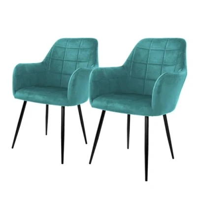 Afbeelding van Eetkamerstoel set van 2 vierkant gewatteerd met rugleuning en armleuningen Petrol keukenstoel microvezel fluwelen hoes ML design