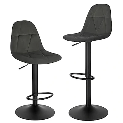 Afbeelding van Lestarain LBAI64001 2 Set van design barkrukken met rugleuning, in hoogte verstelbaar, 360 draaibaar, fluwelen bekleding, metaal, zithoogte 60 81 cm, donkergrijs