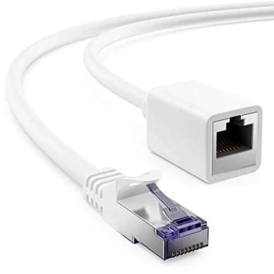 Afbeelding van deleyCON 10 m verlengkabel CAT7 voor Ethernet LAN netwerkkabel ruwe kabel CAT 7 met RJ45 stekker naar bus PiMF koper S/FTP 600 MHz wit