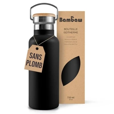 Afbeelding van Bambaw® 750ml RVS Thermosfles Dubbelwandig, Milieuvriendelijk, Lekvrijen, loodvrij en Plasticvrij Geïsoleerde Fles met Bamboe Deksel voor Warme Koude Dranken Ideaal Reizen, Werk, Yoga, Wandelen Dagelijks Gebruik zwart