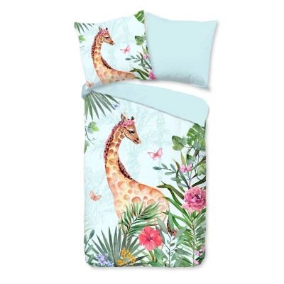 Afbeelding van Dekbedovertrek voor Kinderen 135x200 cm Giraffe en Tropische Bloemen Print 1 Persoons 100% Katoen