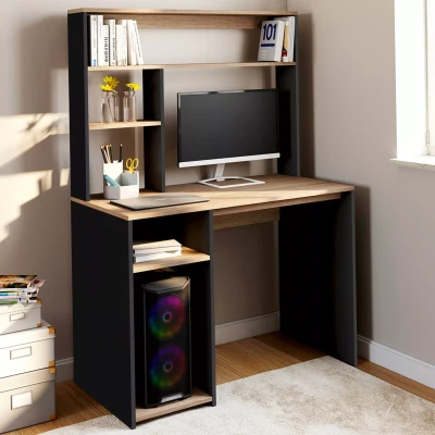 Image de Bureau avec étagères de rangement DAN noir et façon hêtre