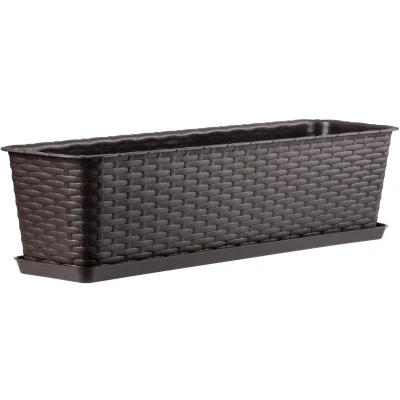 Afbeelding van KADAX Balkonpot met onderzetter, plantenbak, balkonbak wateropeningen, bloembak voor rozen, oleander, rotan imitatie (60 cm, bruin)