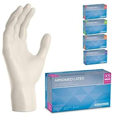 Afbeelding van poedervrije ARNOMED latex handschoenen voor eenmalig gebruik XS, 100 stuks/doos, wegwerphandschoenen, gebruik, verkrijgbaar in de maten S, M, L &amp; XL