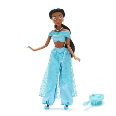 Afbeelding van Disney Store Officiële Jasmine Classic pop, Aladdin, 29 cm/11 inch, prinsessenpop, volledig beweegbaar in koninklijke outfit, inclusief speelgoedhaarborstel, geschikt voor