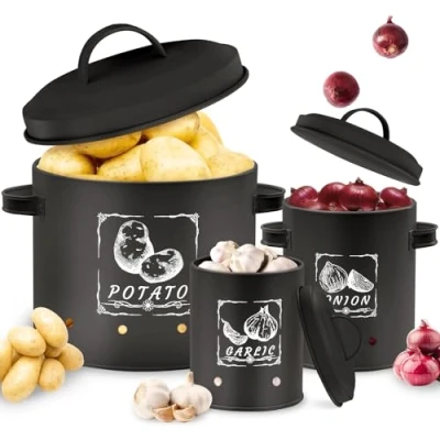 Afbeelding van Gigmeta Set van 3 veelzijdige aardappelopbergdozen met ventilatiesysteem om groenten langer vers te houden, ideaal voor het bewaren uien en