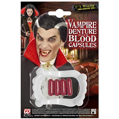 Afbeelding van Widmann Vampier &amp; Dracula Kostuum Traditioneel Vampiergebit Met 4 Bloedcapsules Rood, Wit / Beige Halloween Verkleedkleding