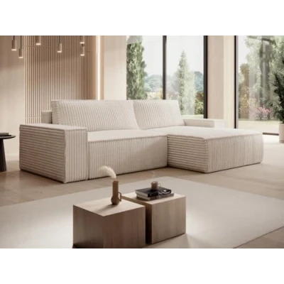 Afbeelding van Vente unique Hoekslaapbank met hoek rechts van beige ribfluweel brede ribbels AMELIA L 267 cm x H 85 D 167