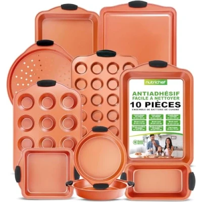 Afbeelding van NutriChef Bakvormen Set 10 delige Antiaanbak van Koolstofstaal Inclusief Bakplaten, Muffin/Taartvormen, Pizzapan, Braadpannen Siliconen Handgrepen Koper