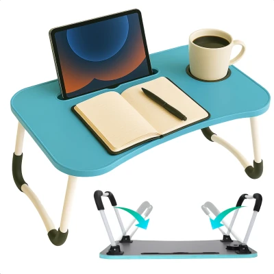 Afbeelding van Cheqo® Opklapbare Laptoptafel Ontbijt op Bed Tafel Bedtafel met Tablethouder Bank Tafeltje Ontbijttafeltje Banktafel Blauw