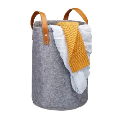 Afbeelding van Relaxdays wasmand vilt opvouwbaar mand voor wasgoed opbergmand draagbaar rond antraciet