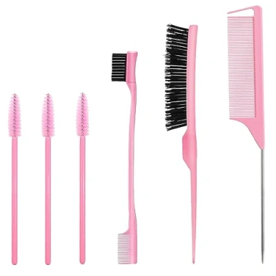 Afbeelding van 3 delige plaagborstel, dubbele kam, haarkam, rattenstaartkam, plagerborstelset, met wenkbrauwborstels (roze)