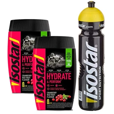 Afbeelding van Isostar Hydrate &amp; Perform Red Fruits 2 x 400 g poeder verpakkingen aanbiedingen + 1000 ml originele drinkfles