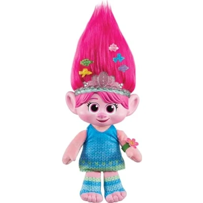 Afbeelding van Mattel Trolls 3, pluche dier Poppy Surprise met 2 haarpoppen en 3 accessoires, lichten geluiden, hoogte 35,5 cm, speelgoed voor kinderen, vanaf jaar, HTM14