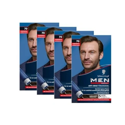Afbeelding van Men Perfect anti grijze kleurgel 70 donkerbruin (4 x 80 ml) voor mannen vervaagt grijs haar, tint een natuurlijk resultaat