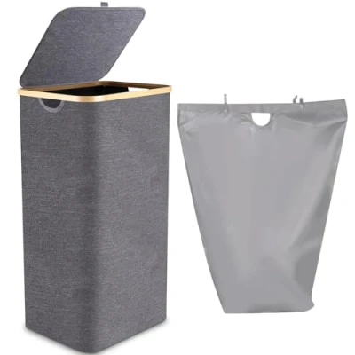 Afbeelding van Wasmand met deksel 100L, wasbox bamboe handvat en binnenzak, wasmand, grote capaciteit, wasmanden, opvouwbare wasmanden voor wasruimte, slaapkamer, badkamer (grijs)