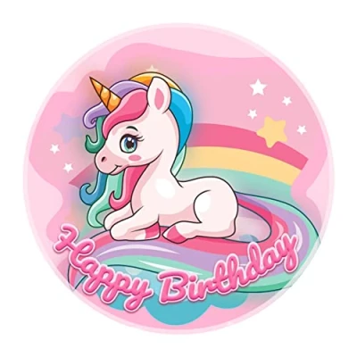 Image de J&amp;M DECO Décoration de gâteau d&#039;anniversaire Licorne pour fille en fondant Rond 20 cm Papier comestible