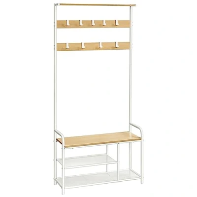 Afbeelding van VASAGLE Kapstok, kledingkast, 9 haken, schoenenbank, plank, 30 x 85 180,5 cm, voor entree, slaapkamer, kleine woningen, modern, eiken en wit HSR409W09