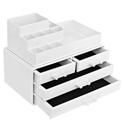 Afbeelding van SONGMICS make up Organizer, cosmetica organizer met 4 lades en 11 vakken in verschillende maten, anti slip inzetstukken, voor sieraden, wit JKA001WT
