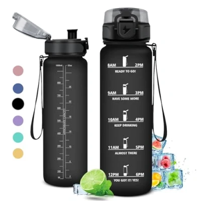 Afbeelding van KollyKolla Drinkfles, 1 liter, met tijdsaanduiding en filter, lekvrij, voor koolzuurhoudende dranken, geschikt fiets, school, meisjes, sport