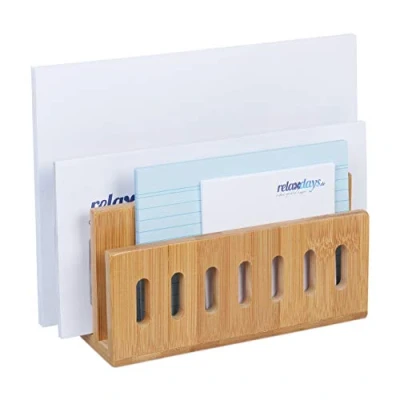 Afbeelding van Relaxdays Brievenhouder bamboe 3 vakken brievenbak bureau organizer documenten