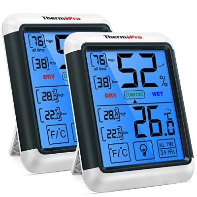 Afbeelding van ThermoPro TP55 Digitale hygrometer, binnenthermometer, vochtigheidsindicator met groot touchscreen en achtergrondverlichting, temperatuur vochtigheidsmeter, 2 stuks