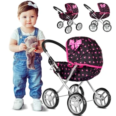 Afbeelding van Kinderplay Poppenwagen, P0280R, kinderwagen, buggy met veiligheidsgordel en boodschappennet babyspeelgoed, modern, lichtlopende wielen zachte grip,