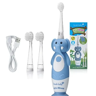 Afbeelding van Brush Baby Electrische Oplaadbare Kindertandenborstel WildOnes Evie de Olifant 0 10 jaar 3 opzetborstels 2 poetsstanden Timer &amp; Pulse Disco licht Zuignapvoet