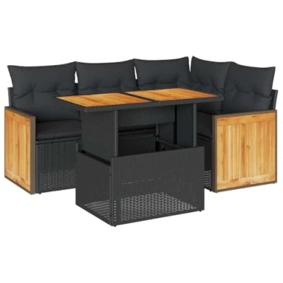 Afbeelding van vidaXL 5 delige Loungeset met kussens poly rattan acacia zwart
