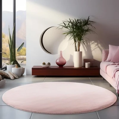 Afbeelding van HomebyHome Vloerkleed, 160 cm, rond, roze, wasbaar, laagpolig, effen, modern design, antislip, extra zacht, pluizig, voor woonkamer, slaapkamer, kinderkamer