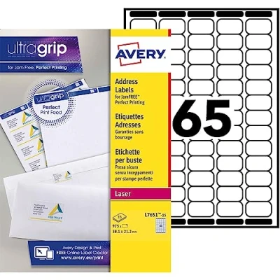 Afbeelding van AVERY 975 zelfklevende adresetiketten, personaliseerbaar, bedrukbaar, formaat 38,1 x 21,2 mm, laserdruk, (L7651 15)