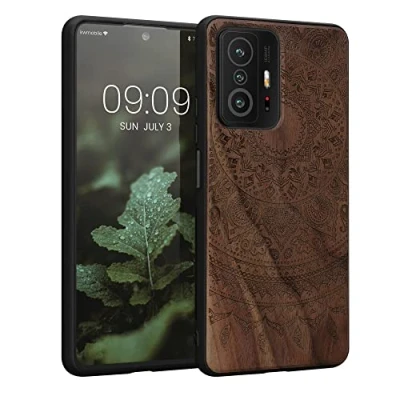 Afbeelding van kwmobile telefoonhoesje geschikt voorXiaomi 11T / Pro Hoesje met bumper walnoothout In donkerbruin Indian Sun design