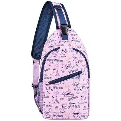 Afbeelding van Disney Schoudertas voor meisjes, Stitch rugzak Sling Bag met meerdere zakken, verstelbare schouderriem, ritssluiting, Roze