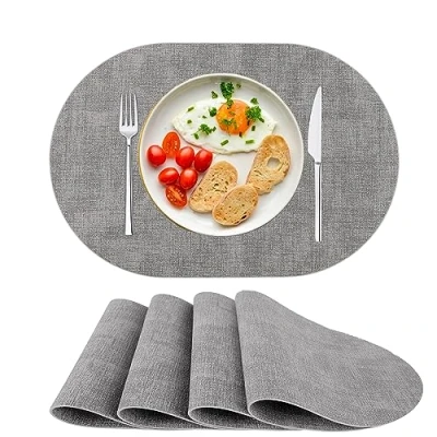 Afbeelding van Set van 4 ovale placemats kunstleer, wasbaar, hittebestendig, voor eetkamer, keuken, grijs
