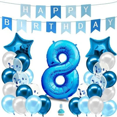 Afbeelding van envami® verjaardagsdecoratie jongens 8 jaar verjaardag decoratie jongen blauw ballonnen