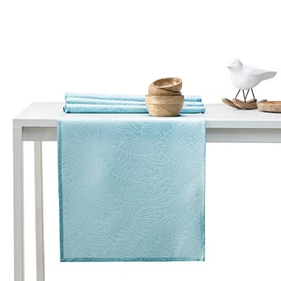 Afbeelding van AmeliaHome Gaia Tafelloper, lotuseffect, waterdicht, bladeren, lichtblauw, 30 x 100 cm