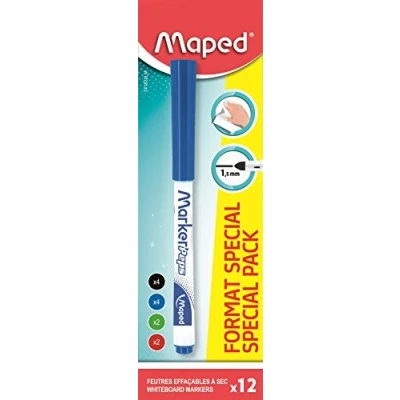 Afbeelding van Maped Doos van 12 Marker&#039;Peps fijne uitwisbare viltstiften Kleur: Zwart x4, blauw groen x2, rood x2 741832LM
