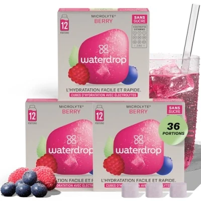 Afbeelding van Waterdrop® Microlyte Berry Hydratatieset met elektrolyten, 36 gearomatiseerde drankblokjes magnesium en calcium, veganistisch, suikervrij, vitaminen, caloriearme drank voor sport