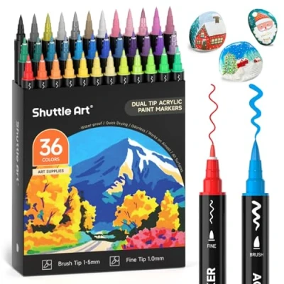 Afbeelding van Shuttle Art Set van 36 acrylverfstiften met dubbele fijne punt en penseel voor schilderen op steen, keramiek, hout, stof, glas, kinderen volwassenen, Kerstmis, Pasen