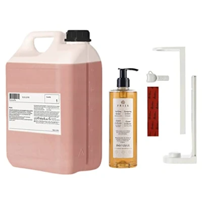 Afbeelding van PRIJA Badkamerset: witte flessenhouder, haarshampoo met rucola 380ml + 5l navulling