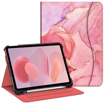 Afbeelding van FINTIE Hoes compatibel met iPad 10e generatie (2022) 10,9 inch, multi hoek kijkstandaard potloodhouder en zak, automatische slaap/wekfunctie, marmerroze