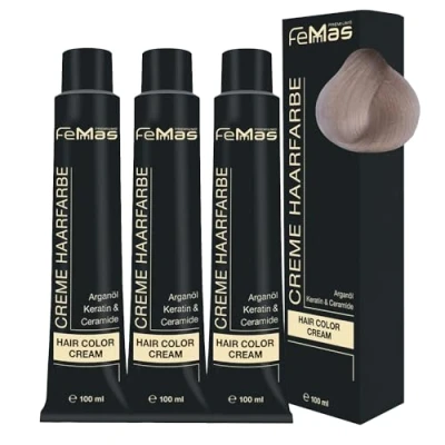 Afbeelding van FemMas Set van 3 bruine haarkleurstoffen, elk 100 ml, professionele crème voor het bleken maximaal 5 tinten, met arganolie, keratine en ceramide, als permanente kleuring of tint, beige 913