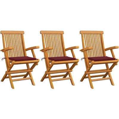 Afbeelding van vidaXL Tuinstoelen 3 st met wijnrode kussens massief teakhout