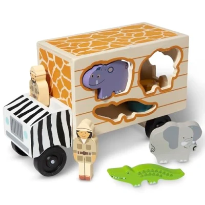 Afbeelding van Melissa &amp; Doug Reddingswagen met safaridieren Houten Speelgoed Trucks en voertuigen Montessori Puzzel Educatief spel 2+ Cadeau voor jongens meisjes